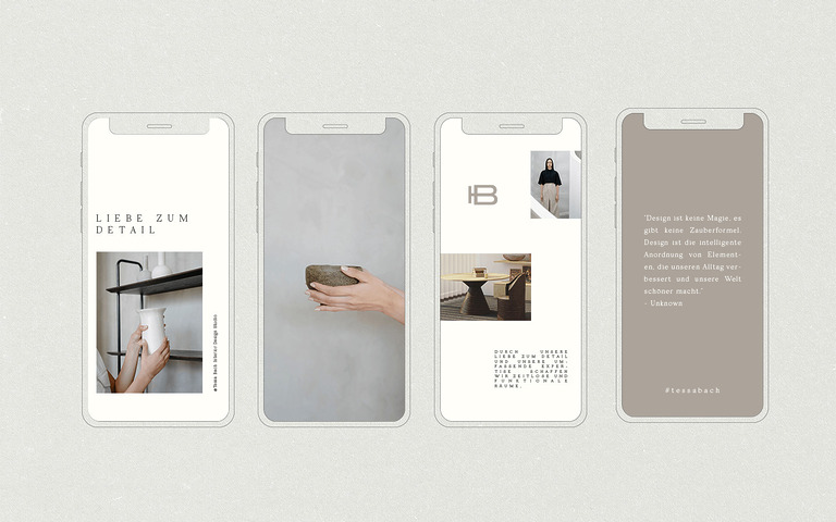 Instagram-Design für Tessa Bach auf vier Smartphone-Bildschirmen