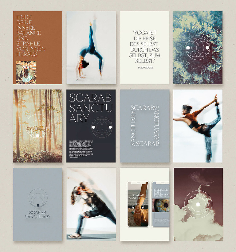 Moodboard mit Yoga-, Natur- und Typografie-Motiven für Scarab Sanctuary
