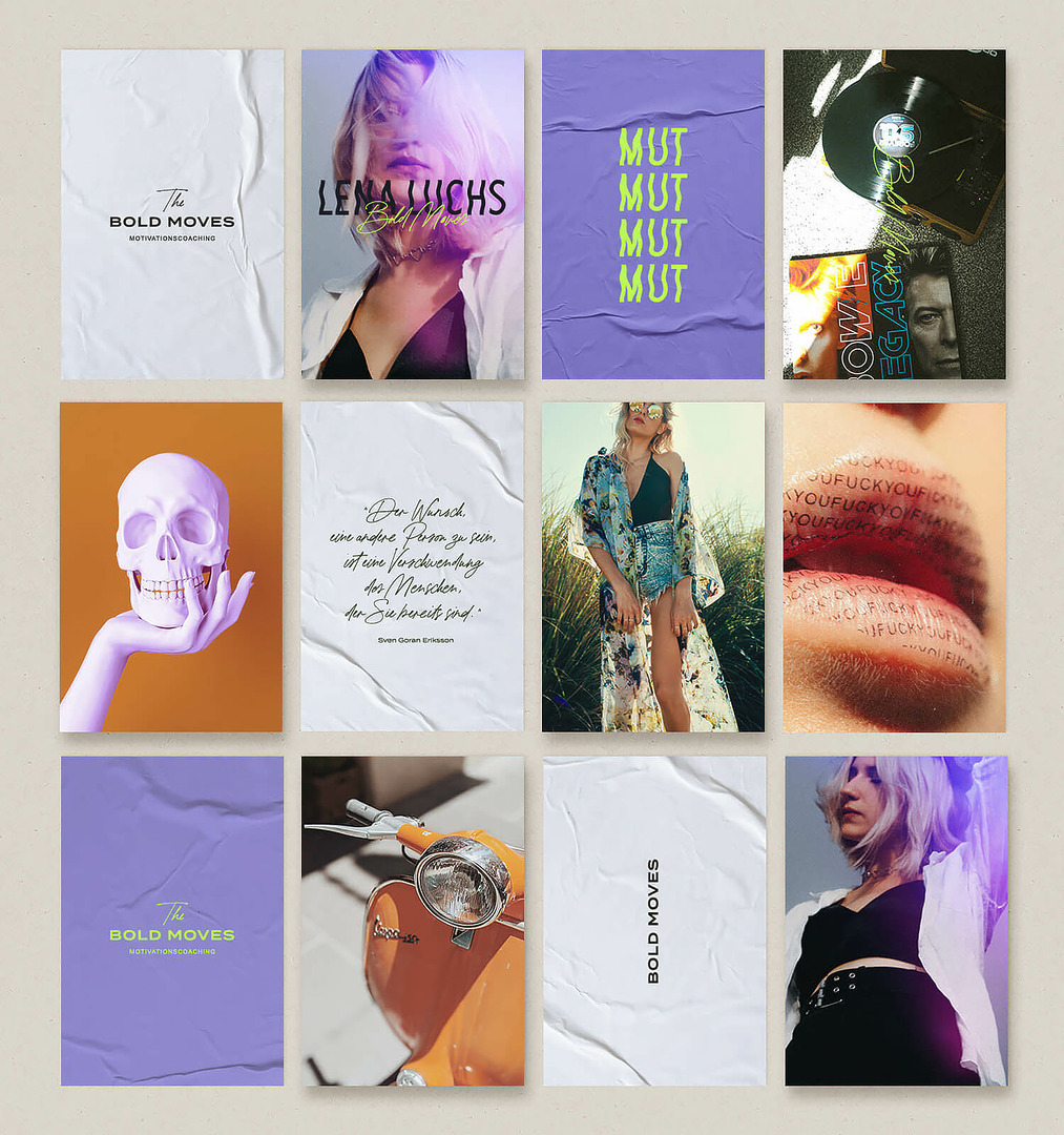 Moodboard in Lila und Orange mit Porträts und Typografie für Bold Moves