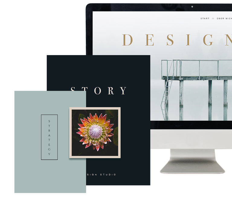 Website-Entwurf mit den Worten Design, Story und Strategy auf einem Bildschirm