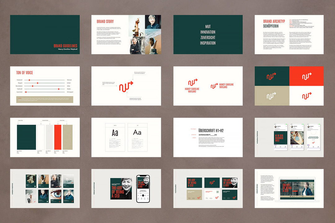 Seiten eines Brand Manuals mit Farben, Schriften und Logo für The Art of Being a CEO